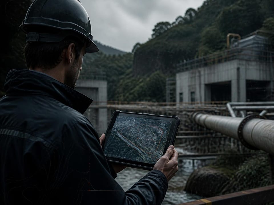 Engenheiro com capacete preto realizando vistoria e inspeção técnica de campo em estação de tratamento com tablet em Londrina.