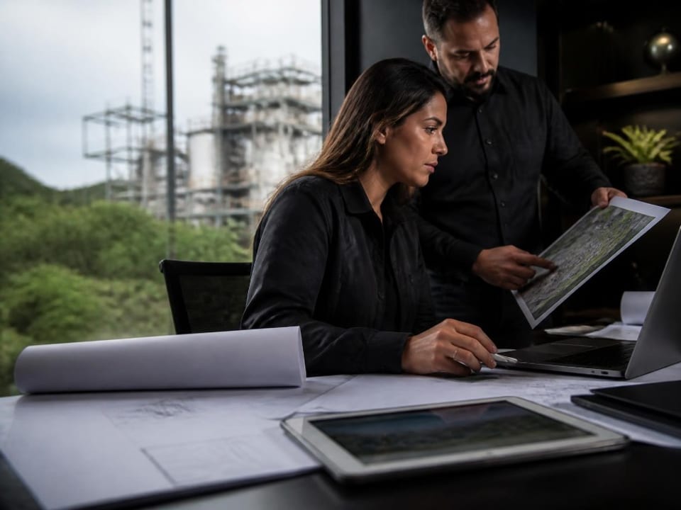 Dois consultores ambientais analisando projeto de viabilidade técnica e mapas sobre uma mesa de escritório.