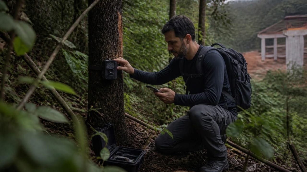 Biólogo configurando câmera trap em árvore para monitoramento de fauna silvestre em área de supressão vegetal.