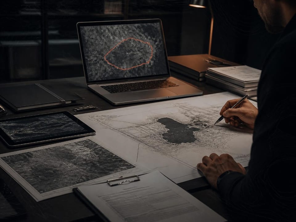 Consultor ambiental elaborando estudo de viabilidade com mapas impressos e imagens de satélite em um notebook.