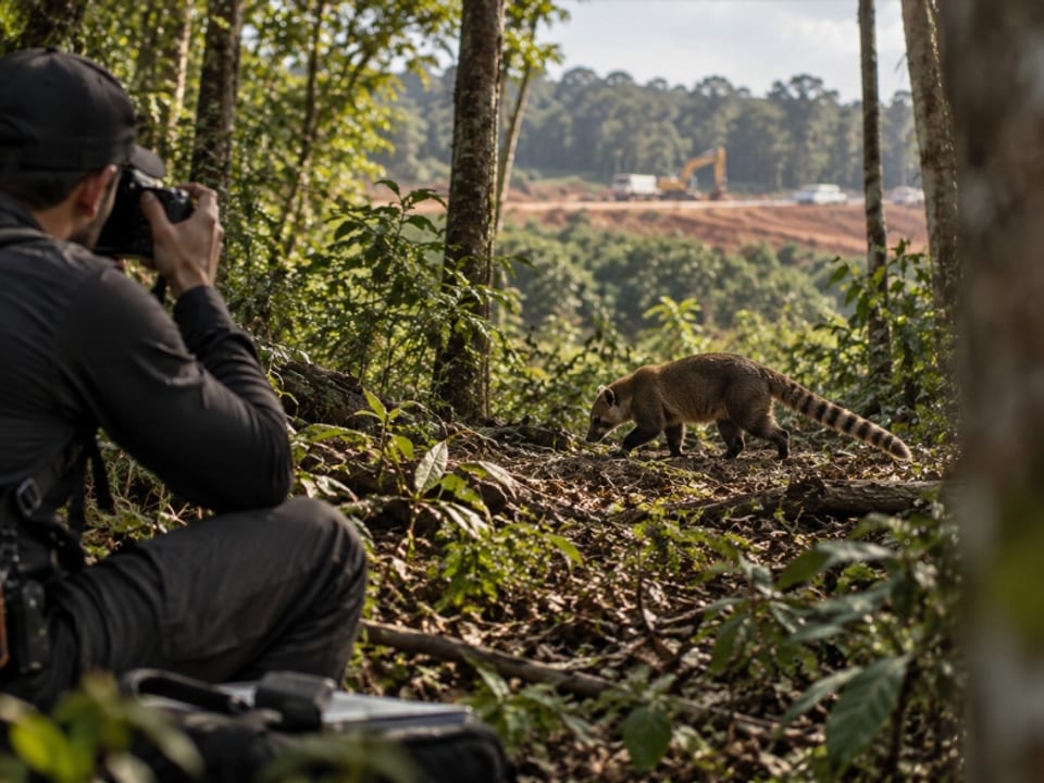 Especialista em fauna silvestre fotografando quati durante levantamento faunístico em área próxima a obras de infraestrutura.