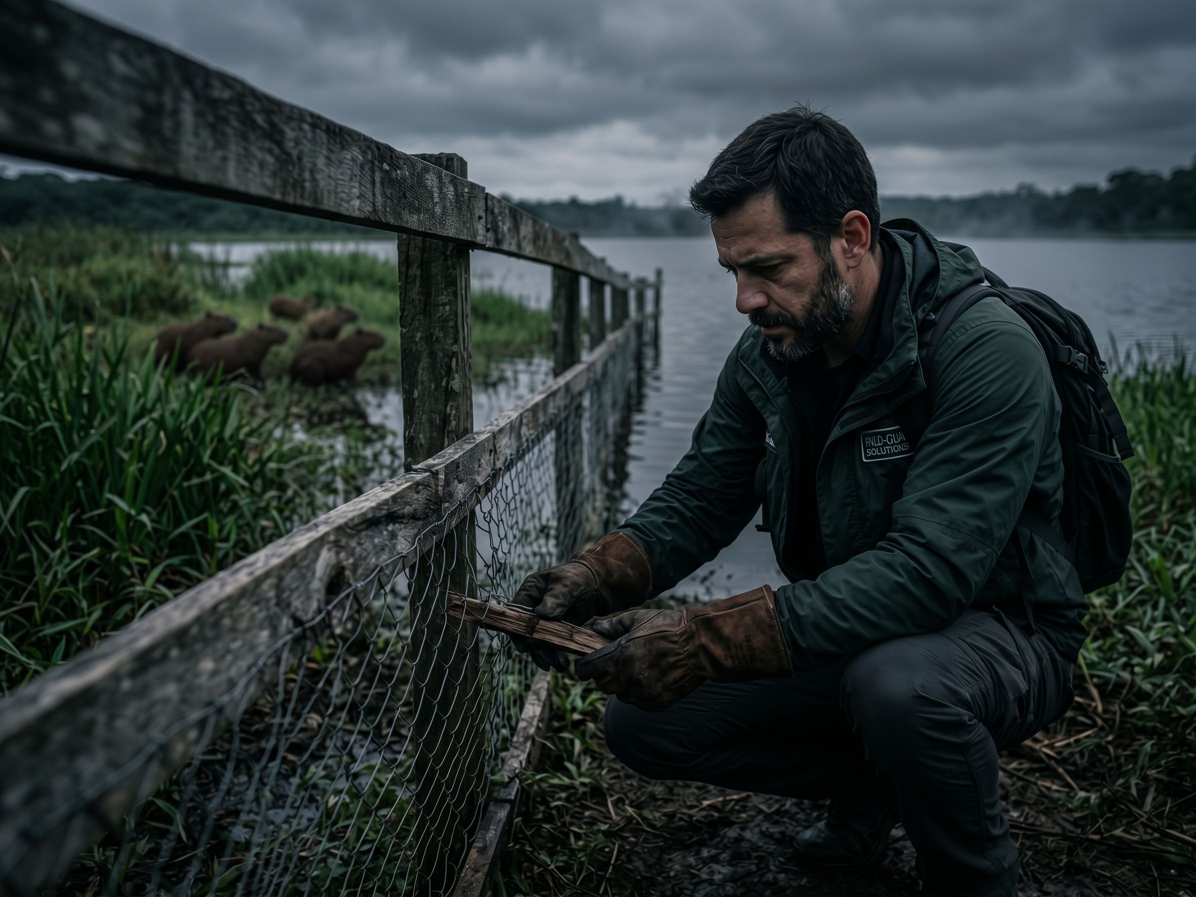 Consultor técnico inspecionando barreira física de exclusão em lago para projeto de manejo passivo de capivaras.