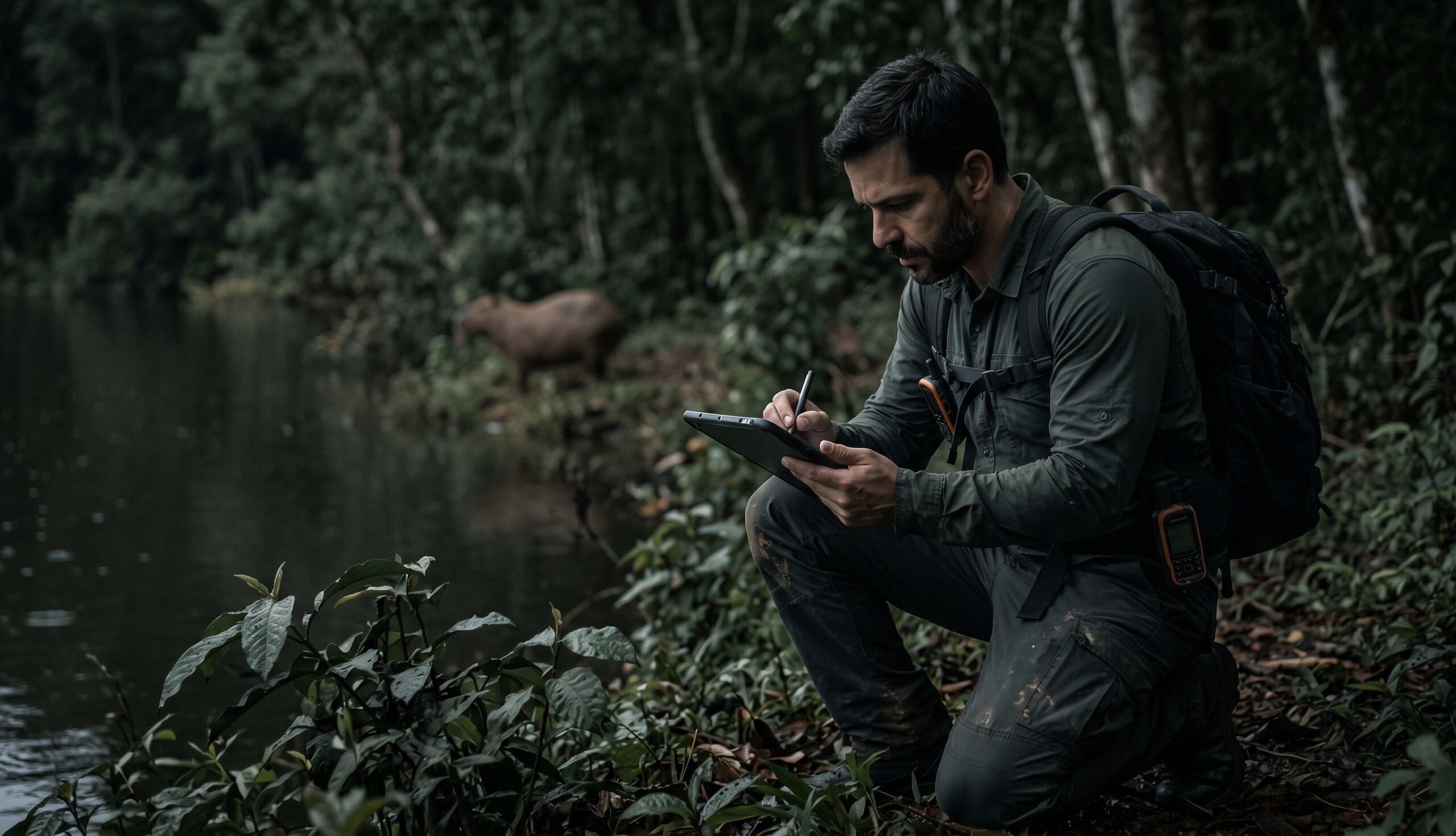 Biólogo realizando vistoria e mapeamento populacional de fauna com tablet próximo a um lago com capivara ao fundo.