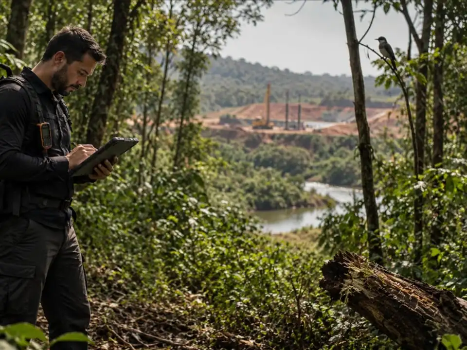 Consultor ambiental utilizando tablet para registro de dados durante estudo e monitoramento de fauna silvestre em campo.